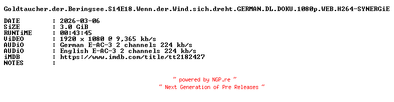 NFO for the release Goldtaucher.der.Beringsee.S14E18.Wenn.der.Wind.sich.dreht.GERMAN.DL.DOKU.1080p.WEB.H264-SYNERGiE by SYNERGiE