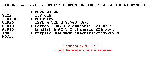 NFO for the release LKW.Bergung.extrem.S08E14.GERMAN.DL.DOKU.720p.WEB.H264-SYNERGiE by SYNERGiE