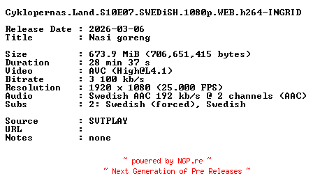 NFO for the release Cyklopernas.Land.S10E07.SWEDiSH.1080p.WEB.h264-INGRID by INGRID