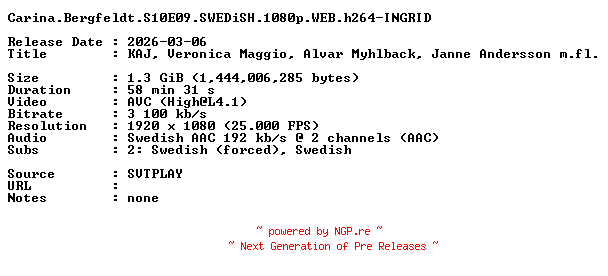 NFO for the release Carina.Bergfeldt.S10E09.SWEDiSH.1080p.WEB.h264-INGRID by INGRID