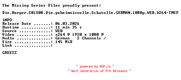 NFO for the release Die.Borger.S01E08.Die.geheimnisvolle.Schatulle.GERMAN.1080p.WEB.h264-TMSF by TMSF