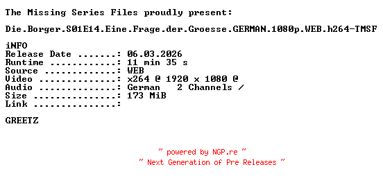 NFO for the release Die.Borger.S01E14.Eine.Frage.der.Groesse.GERMAN.1080p.WEB.h264-TMSF by TMSF