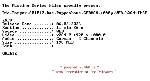 NFO for the release Die.Borger.S01E17.Das.Puppenhaus.GERMAN.1080p.WEB.h264-TMSF by TMSF