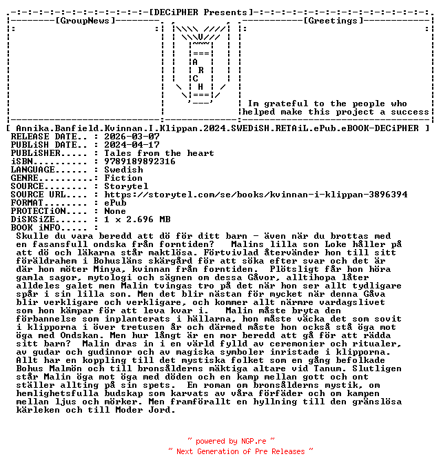 NFO for the release Annika.Banfield.Kvinnan.I.Klippan.2024.SWEDiSH.RETAiL.ePub.eBOOK-DECiPHER by DECiPHER