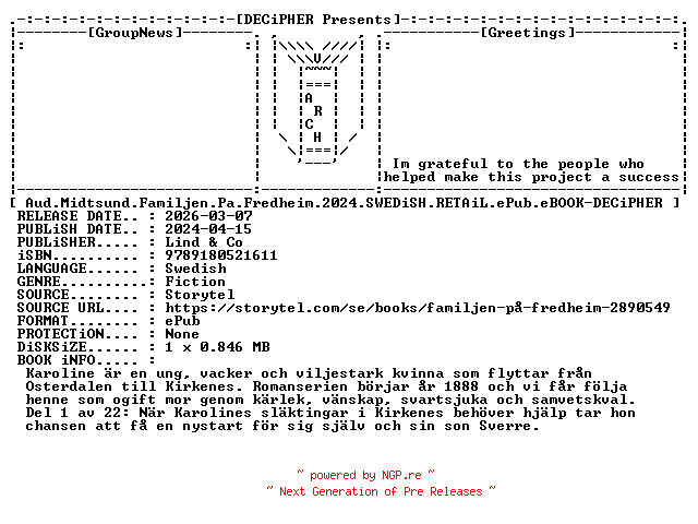NFO for the release Aud.Midtsund.Familjen.Pa.Fredheim.2024.SWEDiSH.RETAiL.ePub.eBOOK-DECiPHER by DECiPHER
