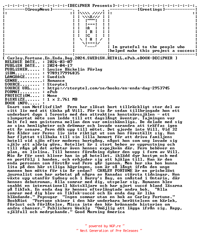 NFO for the release Carley.Fortune.En.Enda.Dag.2024.SWEDiSH.RETAiL.ePub.eBOOK-DECiPHER by DECiPHER