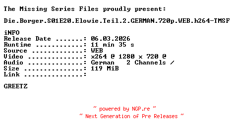 NFO for the release Die.Borger.S01E20.Elowie.Teil.2.GERMAN.720p.WEB.h264-TMSF by TMSF