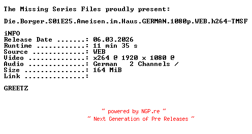 NFO for the release Die.Borger.S01E25.Ameisen.im.Haus.GERMAN.1080p.WEB.h264-TMSF by TMSF