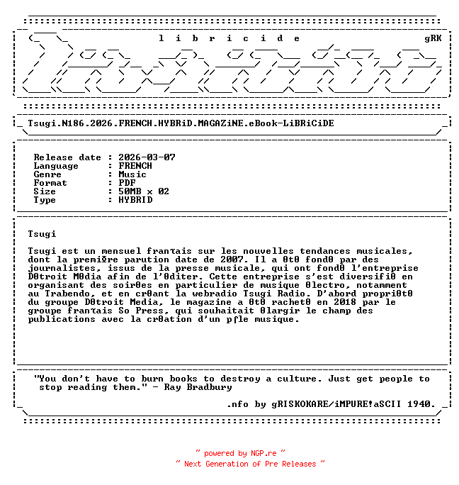 NFO for the release Tsugi.N186.2026.FRENCH.HYBRiD.MAGAZiNE.eBook-LiBRiCiDE by LiBRiCiDE