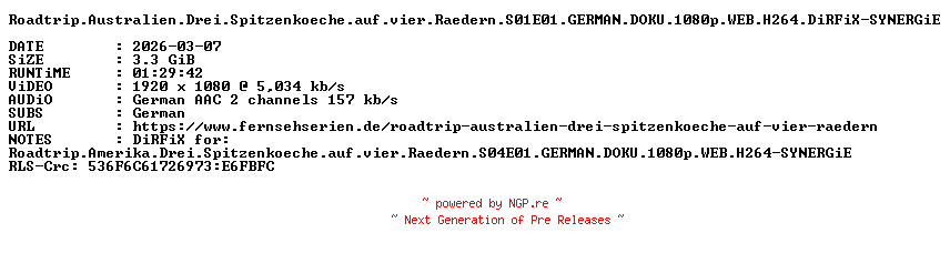 NFO for the release Roadtrip.Australien.Drei.Spitzenkoeche.auf.vier.Raedern.S01E01.GERMAN.DOKU.1080p.WEB.H264.DiRFiX-SYNERGiE by SYNERGiE