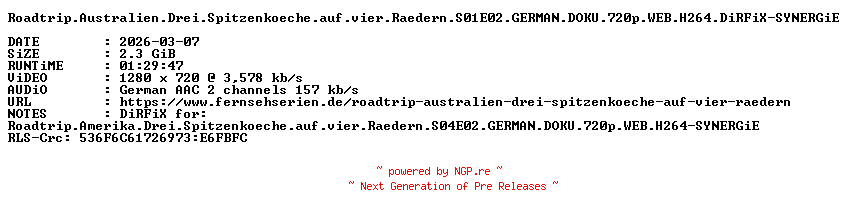 NFO for the release Roadtrip.Australien.Drei.Spitzenkoeche.auf.vier.Raedern.S01E02.GERMAN.DOKU.720p.WEB.H264.DiRFiX-SYNERGiE by SYNERGiE
