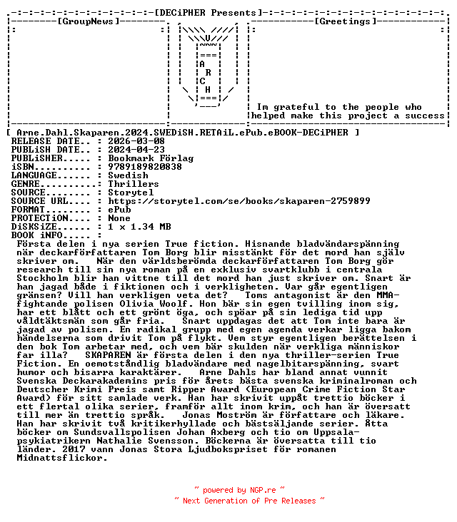 NFO for the release Arne.Dahl.Skaparen.2024.SWEDiSH.RETAiL.ePub.eBOOK-DECiPHER by DECiPHER