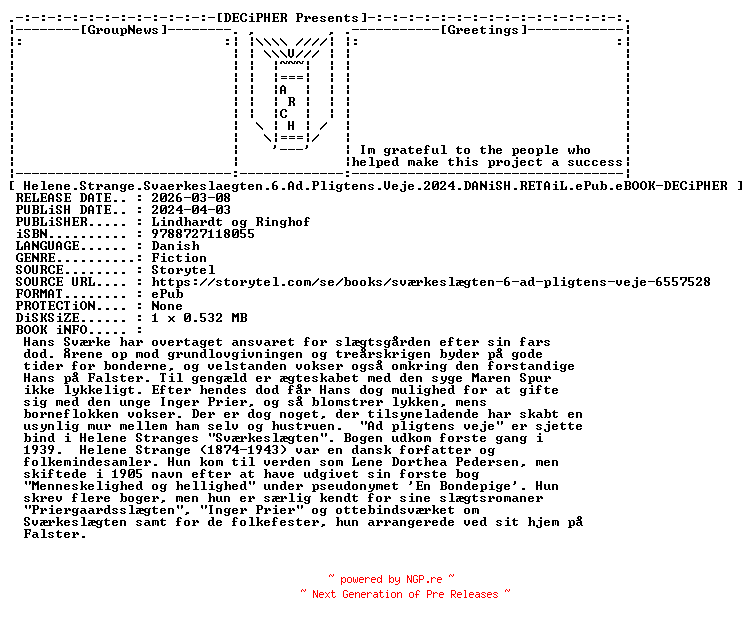 NFO for the release Helene.Strange.Svaerkeslaegten.6.Ad.Pligtens.Veje.2024.DANiSH.RETAiL.ePub.eBOOK-DECiPHER by DECiPHER