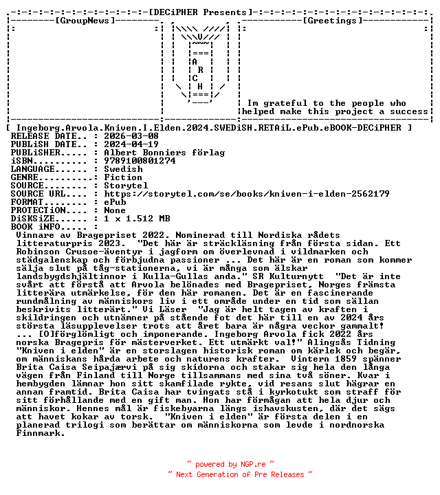 NFO for the release Ingeborg.Arvola.Kniven.I.Elden.2024.SWEDiSH.RETAiL.ePub.eBOOK-DECiPHER by DECiPHER