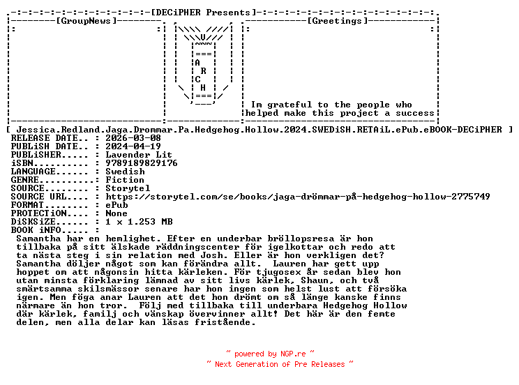 NFO for the release Jessica.Redland.Jaga.Drommar.Pa.Hedgehog.Hollow.2024.SWEDiSH.RETAiL.ePub.eBOOK-DECiPHER by DECiPHER