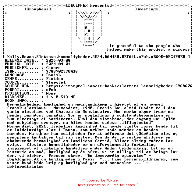 NFO for the release Kelly.Bowen.Slottets.Hemmeligheder.2024.DANiSH.RETAiL.ePub.eBOOK-DECiPHER by DECiPHER