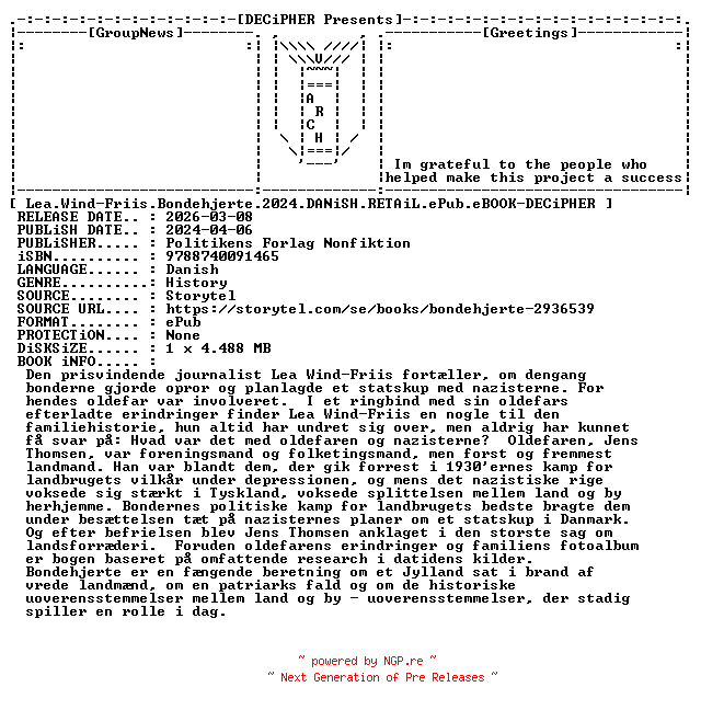 NFO for the release Lea.Wind.Friis.Bondehjerte.2024.DANiSH.RETAiL.ePub.eBOOK-DECiPHER by DECiPHER