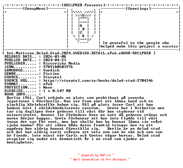 NFO for the release Set.Mattsson.Delad.Stad.2024.SWEDiSH.RETAiL.ePub.eBOOK-DECiPHER by DECiPHER