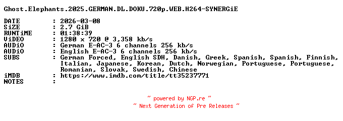 NFO for the release Ghost.Elephants.2025.GERMAN.DL.DOKU.720p.WEB.H264-SYNERGiE by SYNERGiE