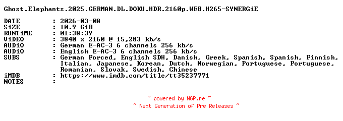 NFO for the release Ghost.Elephants.2025.GERMAN.DL.DOKU.HDR.2160p.WEB.H265-SYNERGiE by SYNERGiE