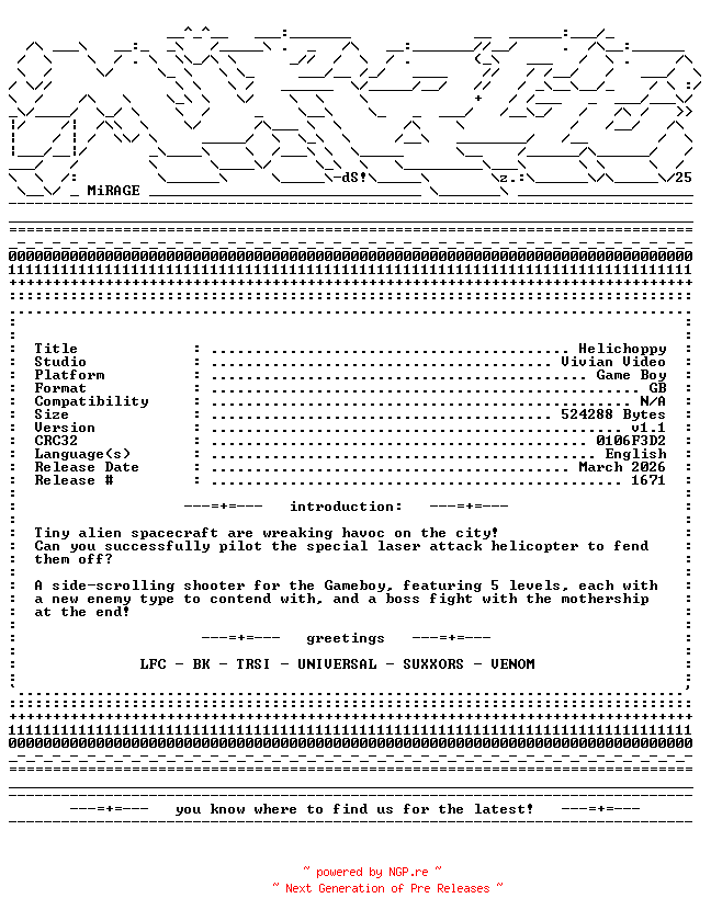 NFO for the release Helichoppy_v1.1_GB-MiRAGE by MiRAGE