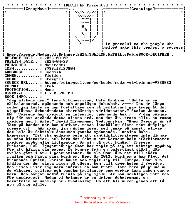 NFO for the release Amer.Sarsour.Medan.Vi.Brinner.2024.SWEDiSH.RETAiL.ePub.eBOOK-DECiPHER by DECiPHER
