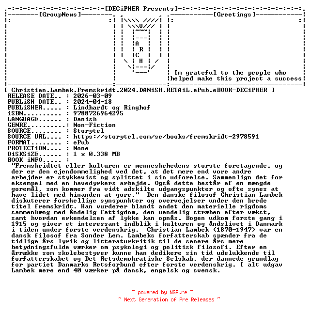 NFO for the release Christian.Lambek.Fremskridt.2024.DANiSH.RETAiL.ePub.eBOOK-DECiPHER by DECiPHER