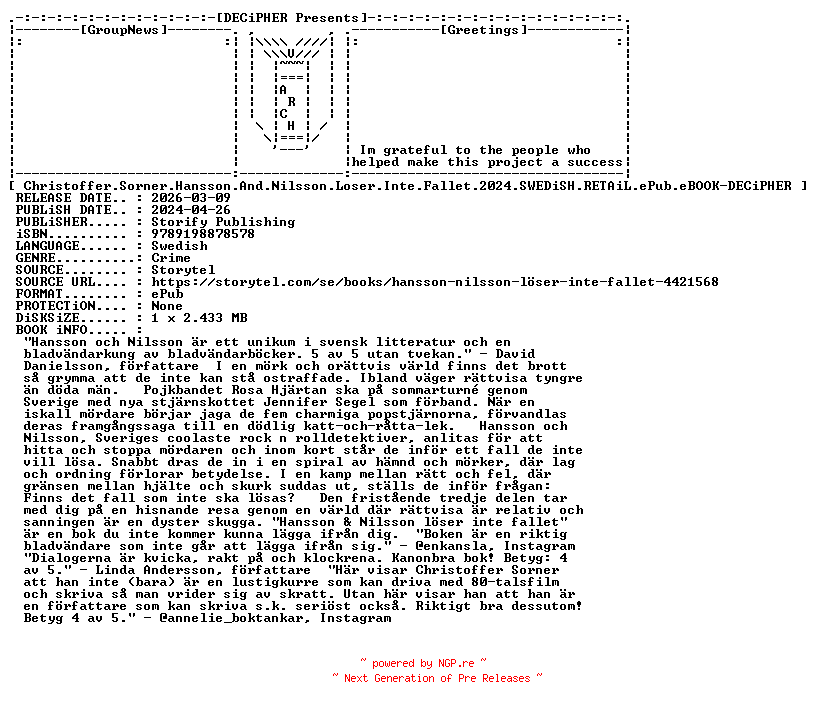 NFO for the release Christoffer.Sorner.Hansson.And.Nilsson.Loser.Inte.Fallet.2024.SWEDiSH.RETAiL.ePub.eBOOK-DECiPHER by DECiPHER