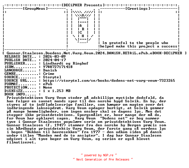 NFO for the release Gunnar.Staalesen.Doedens.Net.Varg.Veum.2024.DANiSH.RETAiL.ePub.eBOOK-DECiPHER by DECiPHER