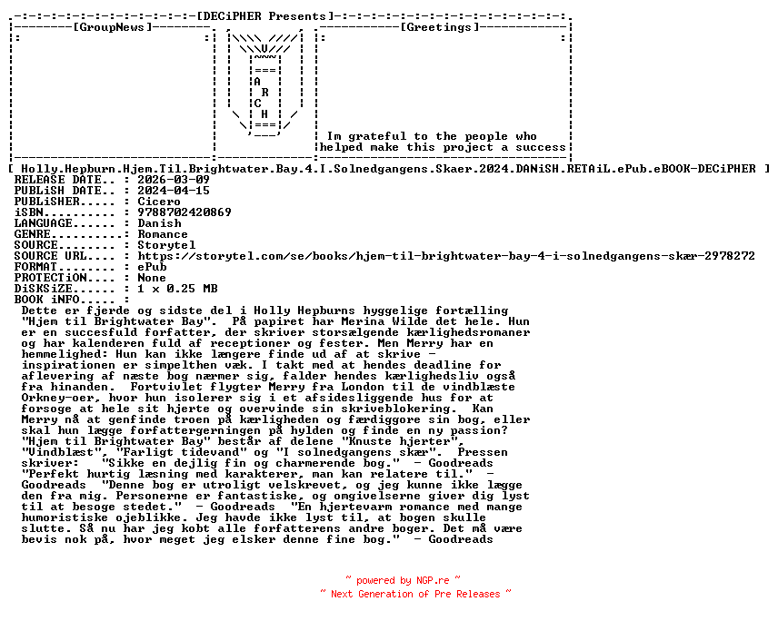 NFO for the release Holly.Hepburn.Hjem.Til.Brightwater.Bay.4.I.Solnedgangens.Skaer.2024.DANiSH.RETAiL.ePub.eBOOK-DECiPHER by DECiPHER