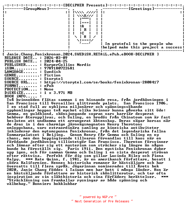 NFO for the release Janie.Chang.Fenixkronan.2024.SWEDiSH.RETAiL.ePub.eBOOK-DECiPHER by DECiPHER