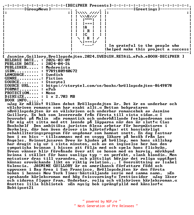 NFO for the release Jasmine.Guillory.Brollopsdejten.2024.SWEDiSH.RETAiL.ePub.eBOOK-DECiPHER by DECiPHER