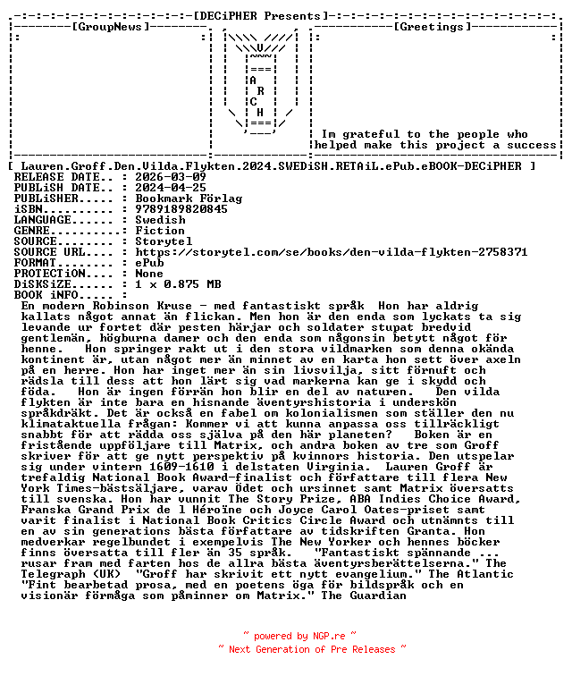 NFO for the release Lauren.Groff.Den.Vilda.Flykten.2024.SWEDiSH.RETAiL.ePub.eBOOK-DECiPHER by DECiPHER