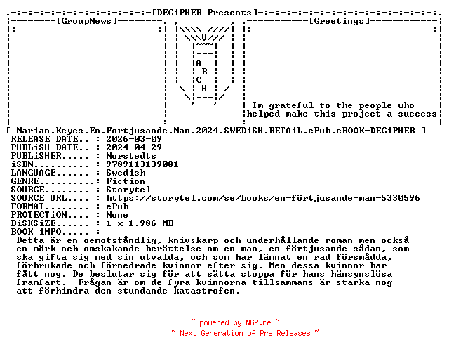 NFO for the release Marian.Keyes.En.Fortjusande.Man.2024.SWEDiSH.RETAiL.ePub.eBOOK-DECiPHER by DECiPHER