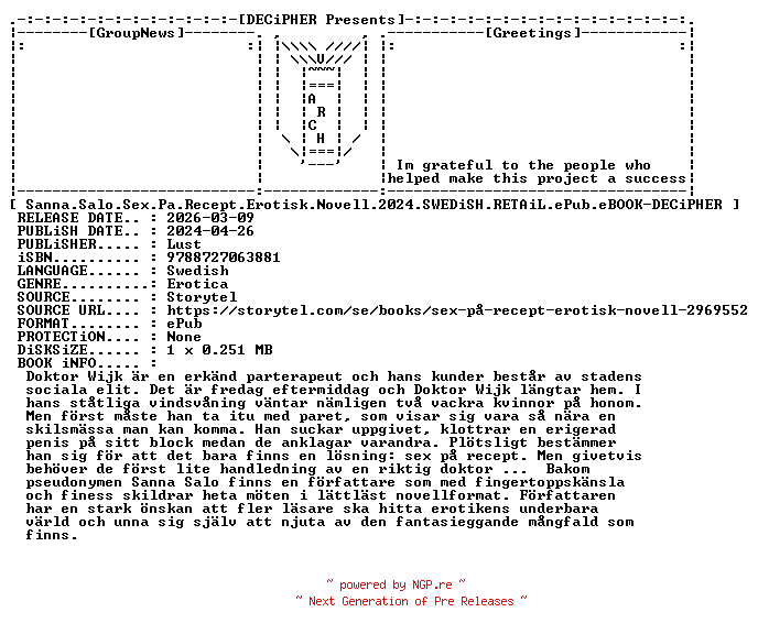 NFO for the release Sanna.Salo.Sex.Pa.Recept.Erotisk.Novell.2024.SWEDiSH.RETAiL.ePub.eBOOK-DECiPHER by DECiPHER