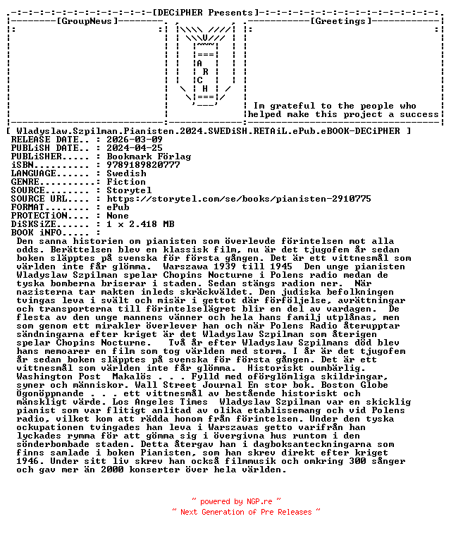 NFO for the release Wladyslaw.Szpilman.Pianisten.2024.SWEDiSH.RETAiL.ePub.eBOOK-DECiPHER by DECiPHER