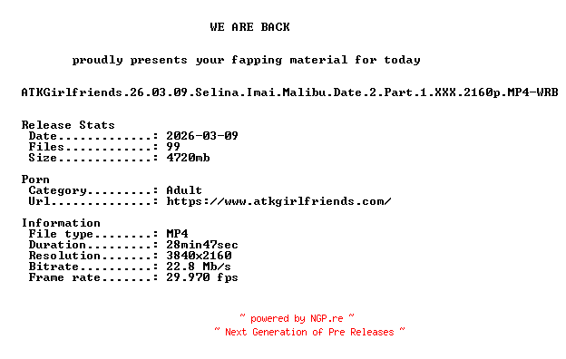 NFO for the release ATKGirlfriends.26.03.09.Selina.Imai.Malibu.Date.2.Part.1.XXX.2160p.MP4-WRB by WRB