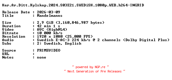 NFO for the release Har.Ar.Ditt.Kylskap.2024.S03E21.SWEDiSH.1080p.WEB.h264-INGRID by INGRID