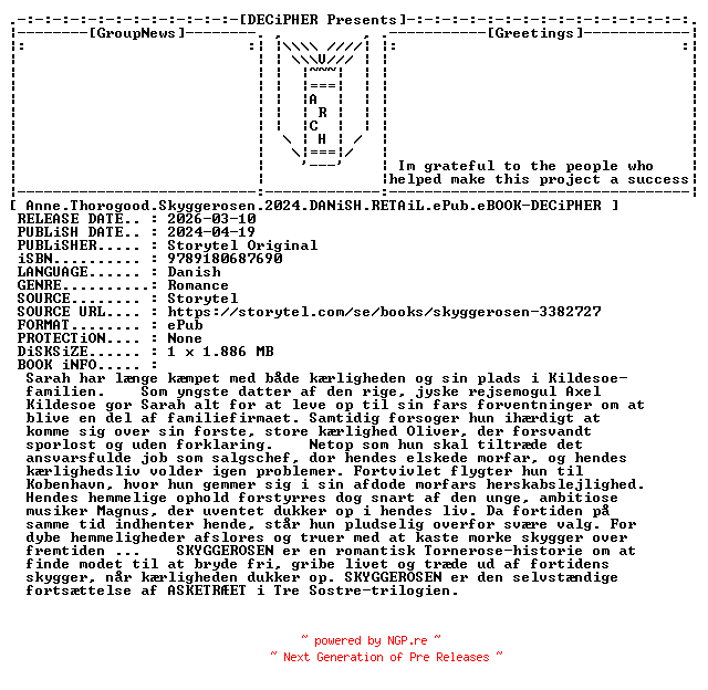 NFO for the release Anne.Thorogood.Skyggerosen.2024.DANiSH.RETAiL.ePub.eBOOK-DECiPHER by DECiPHER