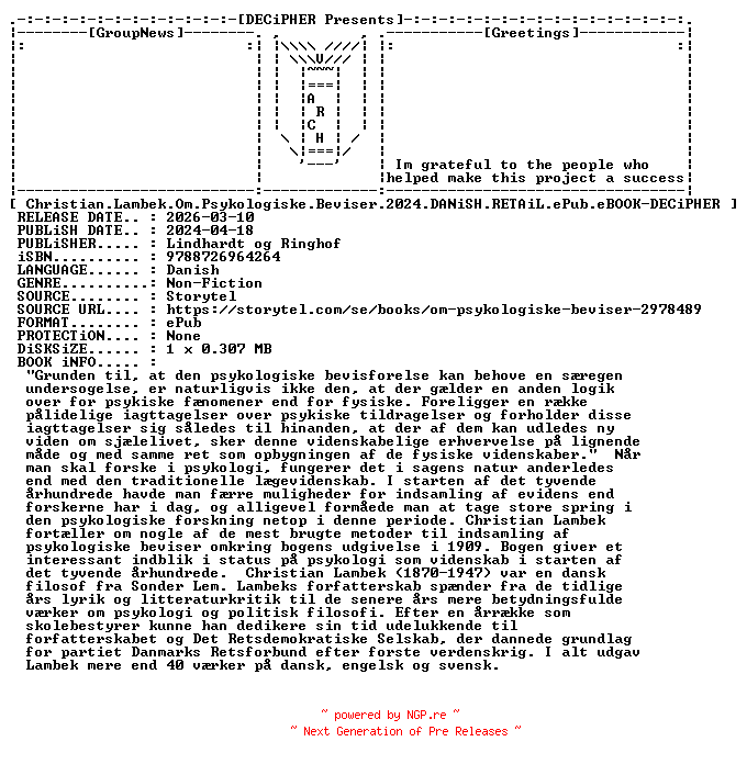 NFO for the release Christian.Lambek.Om.Psykologiske.Beviser.2024.DANiSH.RETAiL.ePub.eBOOK-DECiPHER by DECiPHER