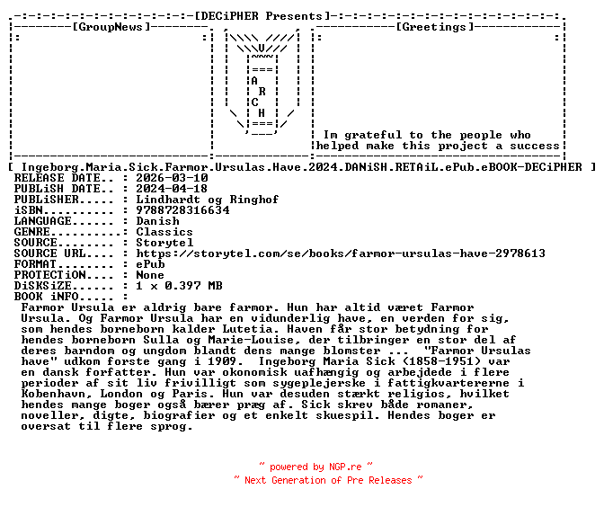 NFO for the release Ingeborg.Maria.Sick.Farmor.Ursulas.Have.2024.DANiSH.RETAiL.ePub.eBOOK-DECiPHER by DECiPHER