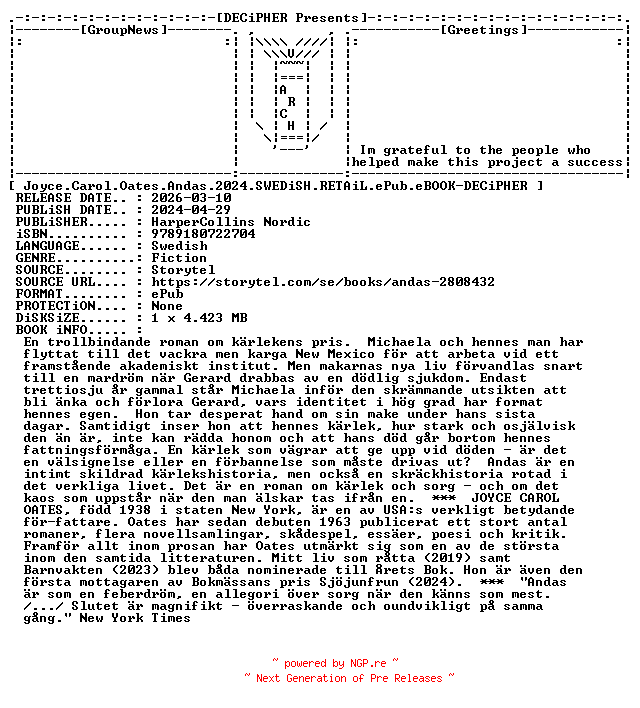 NFO for the release Joyce.Carol.Oates.Andas.2024.SWEDiSH.RETAiL.ePub.eBOOK-DECiPHER by DECiPHER