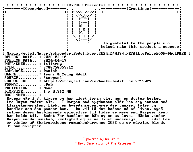 NFO for the release Maria.Hyttel.Meyer.Schroeder.Bedst.Foer.2024.DANiSH.RETAiL.ePub.eBOOK-DECiPHER by DECiPHER