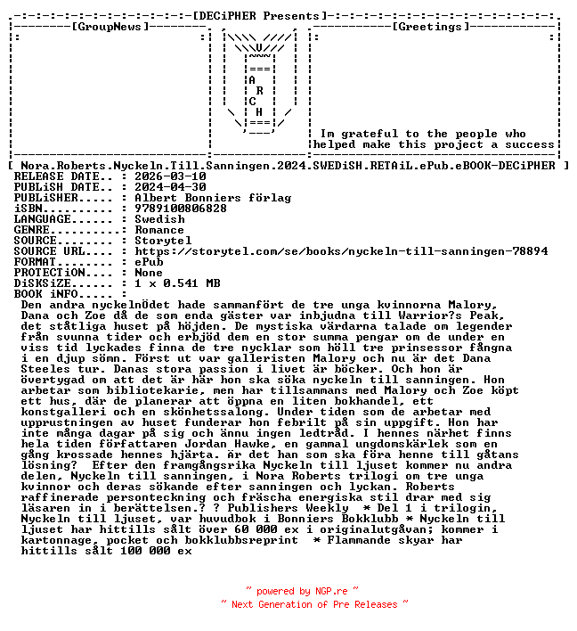 NFO for the release Nora.Roberts.Nyckeln.Till.Sanningen.2024.SWEDiSH.RETAiL.ePub.eBOOK-DECiPHER by DECiPHER