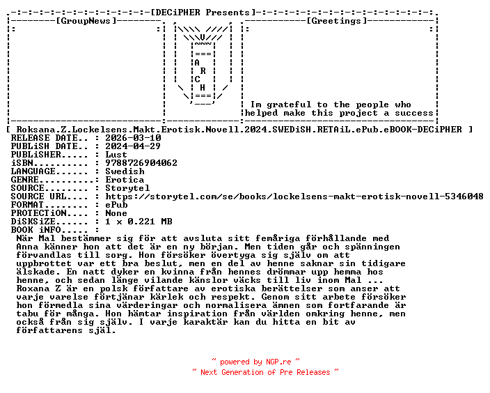 NFO for the release Roksana.Z.Lockelsens.Makt.Erotisk.Novell.2024.SWEDiSH.RETAiL.ePub.eBOOK-DECiPHER by DECiPHER