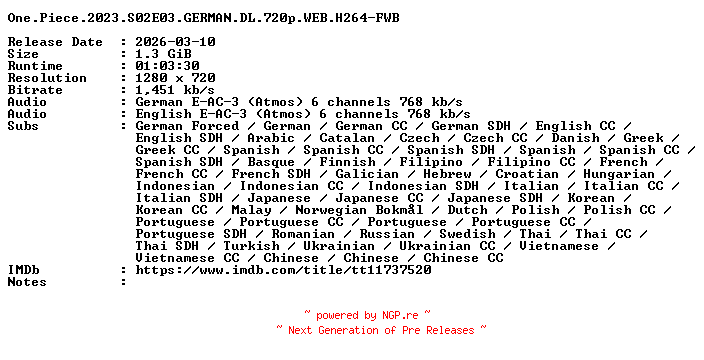 NFO for the release One.Piece.2023.S02E03.GERMAN.DL.720p.WEB.H264-FWB by FWB