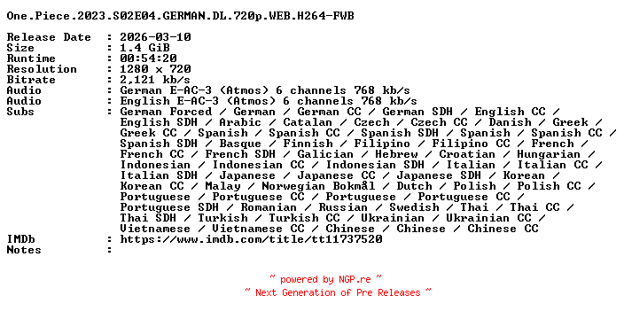 NFO for the release One.Piece.2023.S02E04.GERMAN.DL.720p.WEB.H264-FWB by FWB
