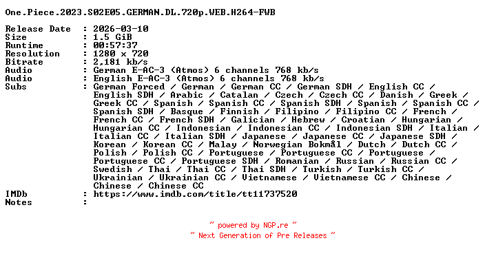 NFO for the release One.Piece.2023.S02E05.GERMAN.DL.720p.WEB.H264-FWB by FWB