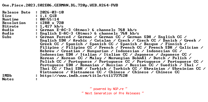NFO for the release One.Piece.2023.S02E06.GERMAN.DL.720p.WEB.H264-FWB by FWB