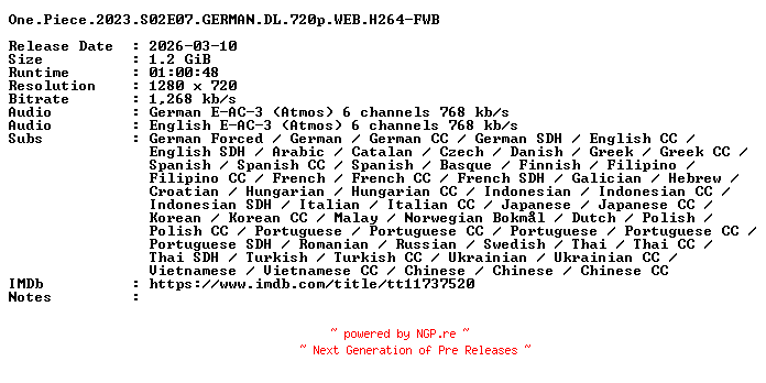 NFO for the release One.Piece.2023.S02E07.GERMAN.DL.720p.WEB.H264-FWB by FWB